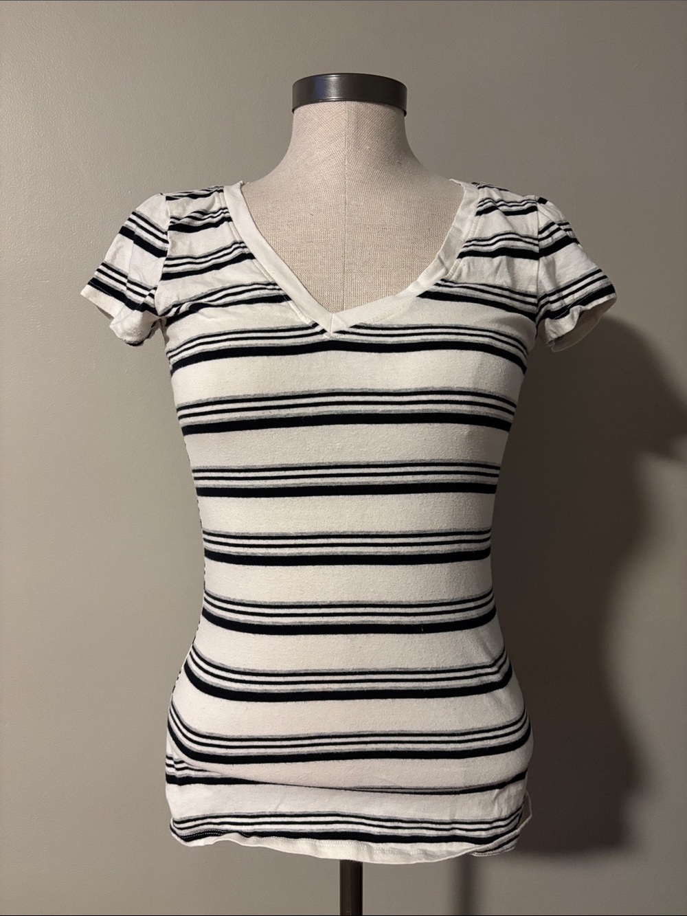 Wet Seal White and Black Striped V-Neck Tee